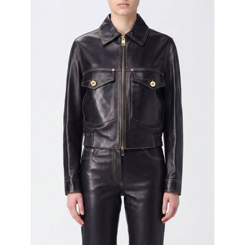 Versace Women Versace Cropped Lambskin Leather Shirt Jacket With Patch Pockets